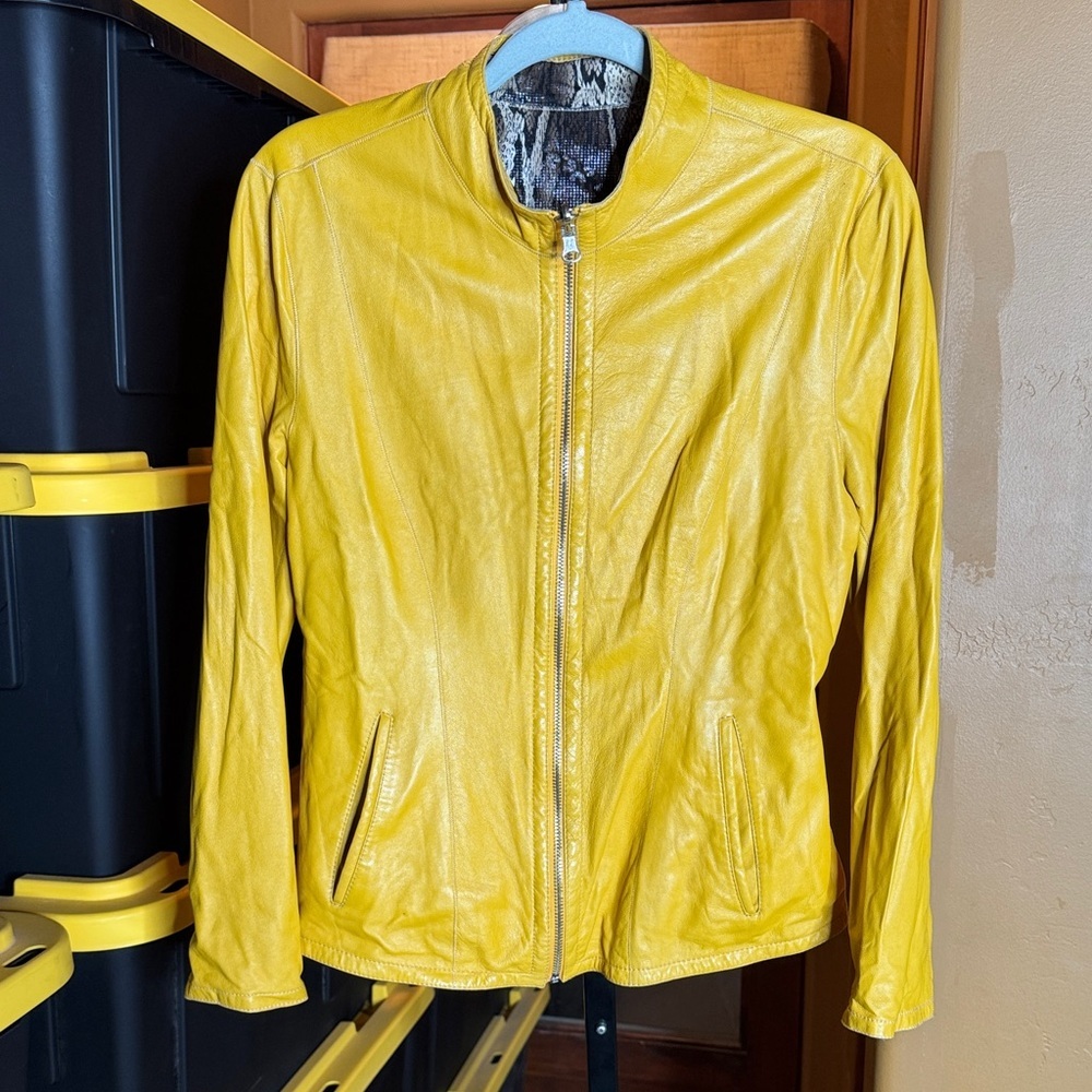 Vintage Reversible Lambskin Leather Jacket Mustard Yellow Snakeskin Print M/L - Picture 2 of 16